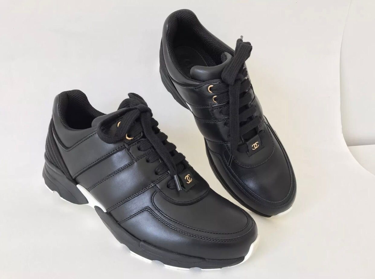 CC Logo Black Leather Lace Up Tennis Shoes Sneakers – Miami Lux