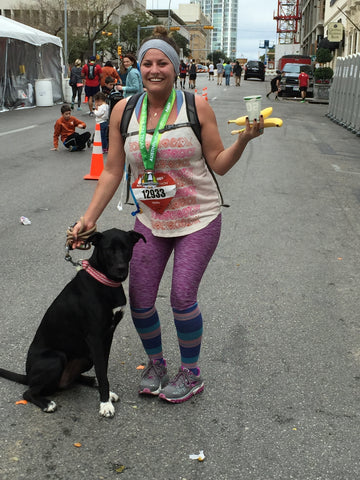 Daughter Hannah, age 28, and grand-dog Marley after Hannah completed her FIRST half marathon in Austin, Texas.  Lily takes care of us at ALL ages!