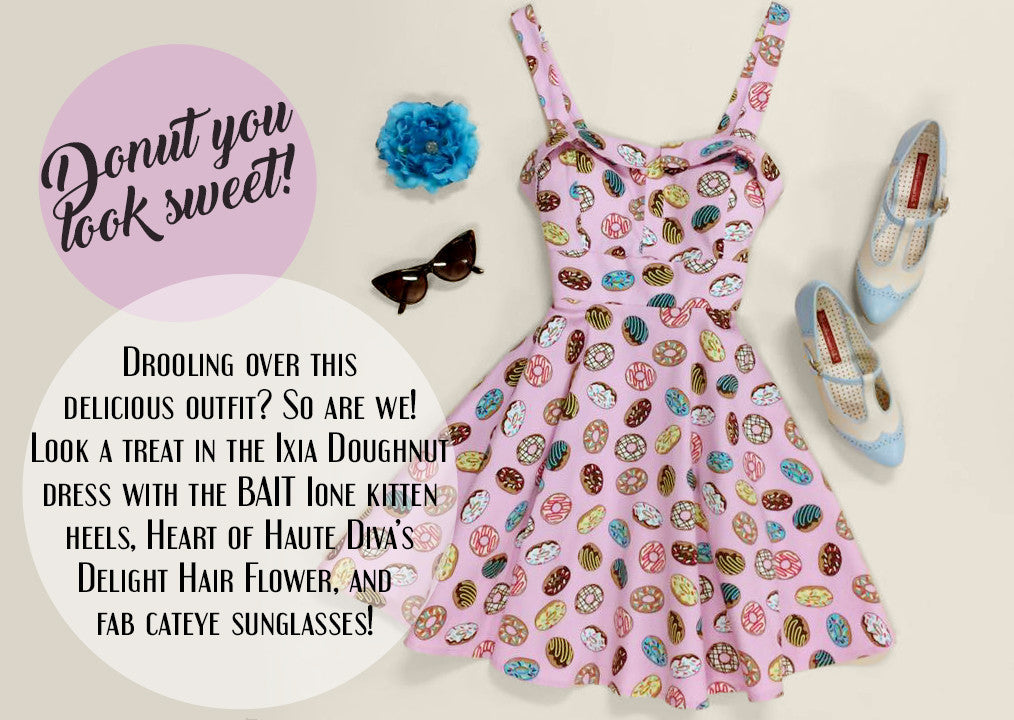 Donut you look sweet - Ixia Doughnut Dress, Heart of Haute Diva's Delight Hair Flower, BAIT Ione Kitten Heels, Cat Eye Sunglasses