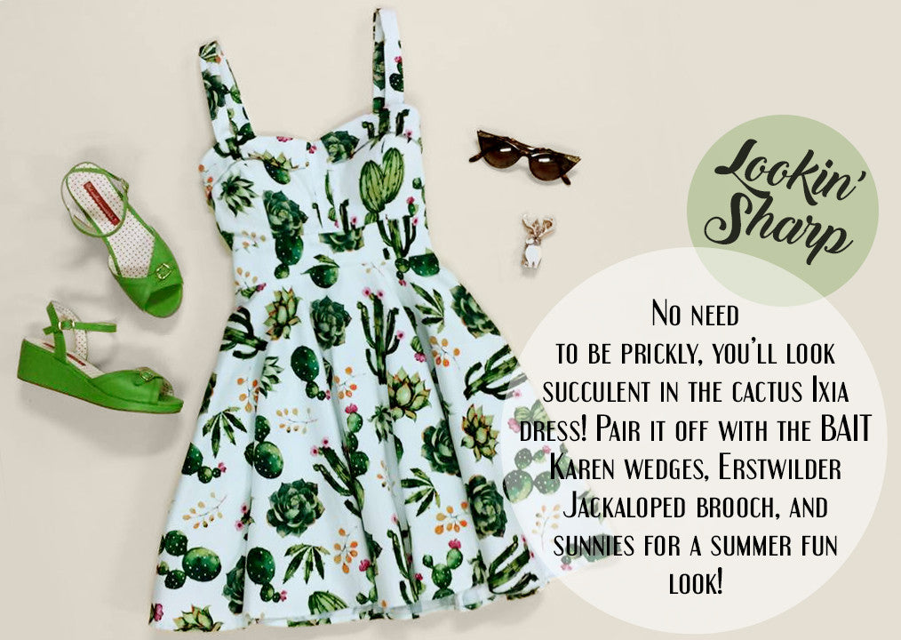Lookin' Sharp - Ixia Cactus Dress, BAIT Karen Wedges, Erstwilder Jackaloped Brooch, and Cat eye Sunglasses