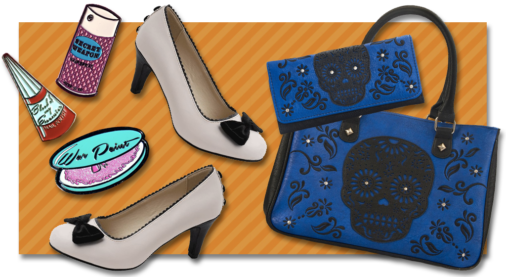 Vixen by Micheline Pitt lapel pins, T.U.K. Scallop heels, Loungefly laser cut blue tote and wallet from Retro Glam Clothing