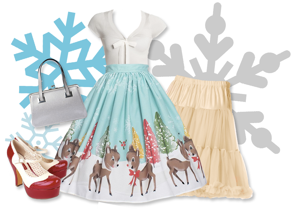 Reindeer Love Novelty Skirt with Crinoline, Tippi Purse, and Piper Heels from RetroGlam.com