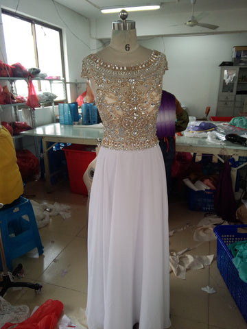 A Line Round Neck Cap Sleeves Floor Length Ivory Prom Dress, Cap Sleeves Formal Dresses