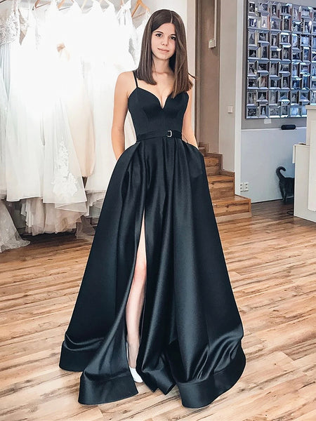 V Neck Black Satin Prom Dresses Black Long Formal Evening Graduation