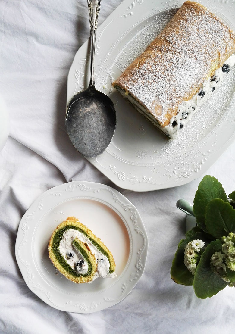 Blueberry Matcha Swiss Roll Cake