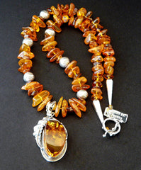 Baltic Amber & Sterling Silver Pendant with Golden Amber Nuggets, Cognac Amber Chip and Sterling