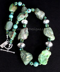 Chrysoprase Large Nugget Necklace with Turquoise Rounds, Picasso Turquoise Glass and Sterling Silver