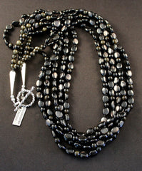 5-Strand Hypersthene and Obsidian Necklace with Sterling Silver