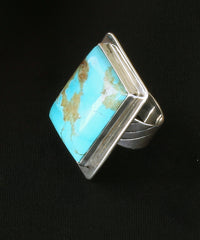 Kingman Turquoise and Sterling Silver Ring with Etched Sterling Band