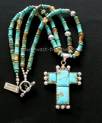 4-Stone Kingman Turquoise and Sterling Silver Cross Pendant with 2 Strands of Turquoise Discs & Cylinders, Amber Quartz and Sterling