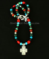 Mixed Gemstone Necklace with Sterling Silver Cross, Beads and Toggle Clasp