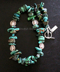 Mixed Blue and Green Turquoise Graduated Nugget Necklace with Jade & Turquoise Rounds and Hill Tribe Silver Elephant Beads