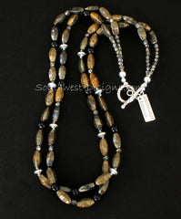 Pyrite Faceted Oval 2-Strand Necklace with Onyx Rounds, Fire Polished Glass and Sterling Silver