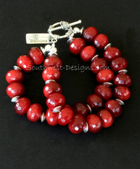 Red Jade Rondelle Bead 2-Strand Bracelet with Sterling Silver Discs, Round and Toggle Clasp