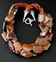 Red Jasper Rectangles 3-Strand Twist Necklace with Carnelian, Pyrite, Tortoise Turquoise & Sterling Silver