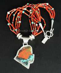 Sonora Sunset and Sterling Silver Post-Set Pendant with 6 Strands of Antique White Heart Beads, Mixed Gemstones and Sterling