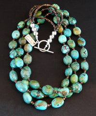 Turquoise Ovals 3-Strand Necklace with Bench-Made Sterling Silver Round, Bone Rounds and Sterling Toggle Clasp