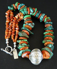 Turquoise Large Nugget Necklace with Spiny Oyster Shell Disc and Spiny Nuggets, and Hill Tribe Silver Woven Pendant Round