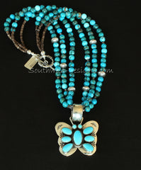 Turquoise & Sterling Silver Butterfly Pendant with Turquoise Rounds, Fire Polished Glass, Olive Shell Heishi and Sterling