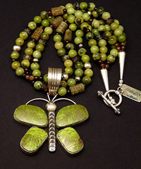 Gaspeite and Sterling SIlver Butterfly Pendant with British Columbia Jade, Agate Rounds, Carved Glass and Sterling Silver