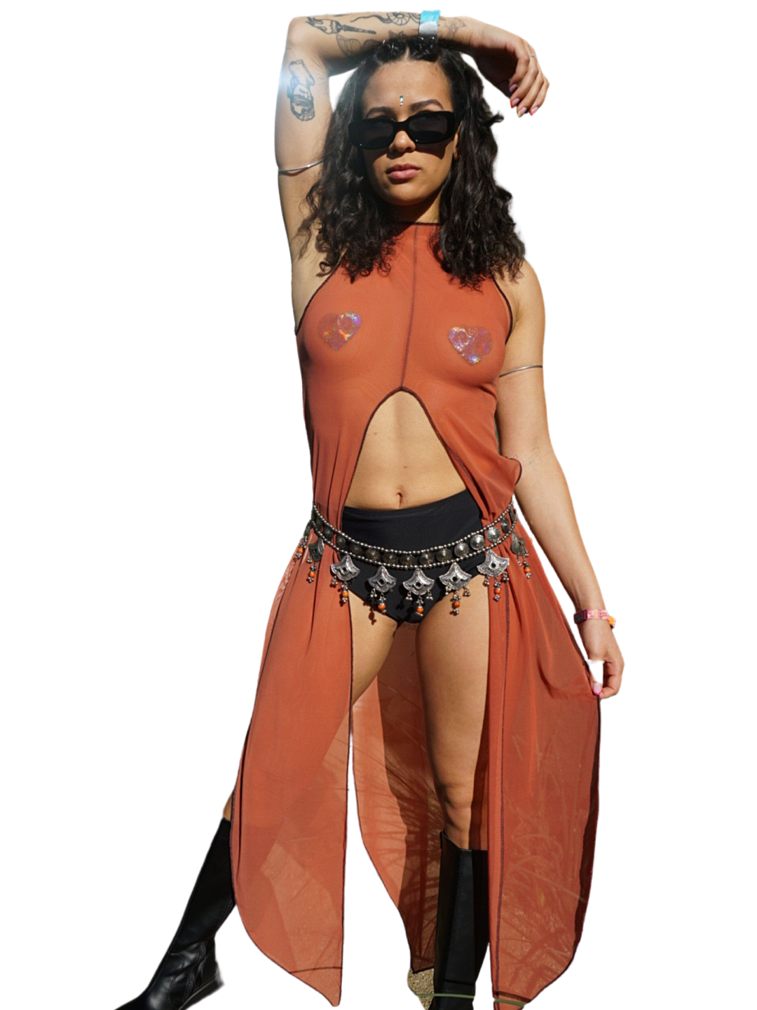 La Cosa Mesh Dress in Terracotta bodysuit oraingopartners   