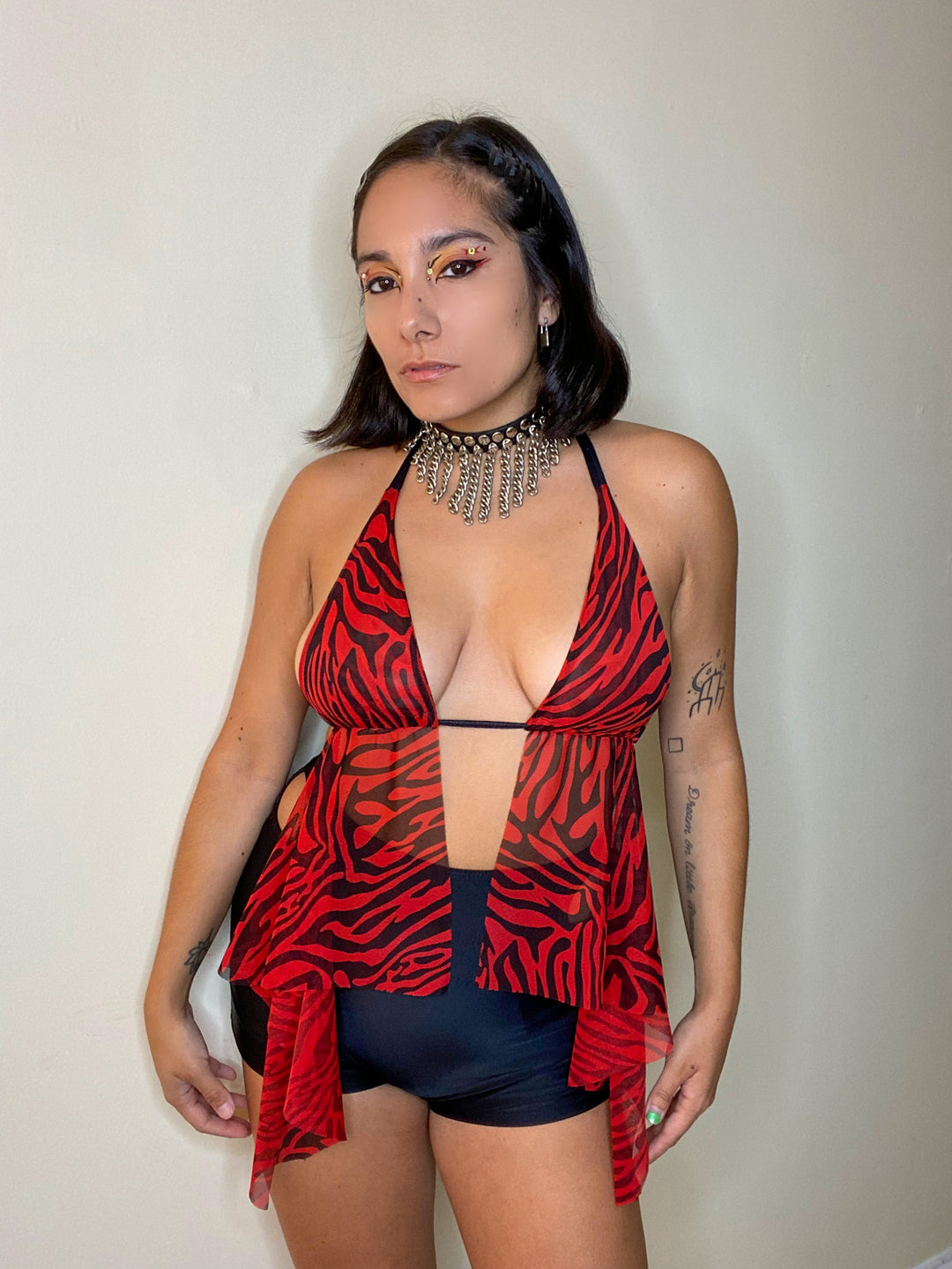 The Fairy Top in Red Zebra Mesh HALTER TOP oraingopartners   