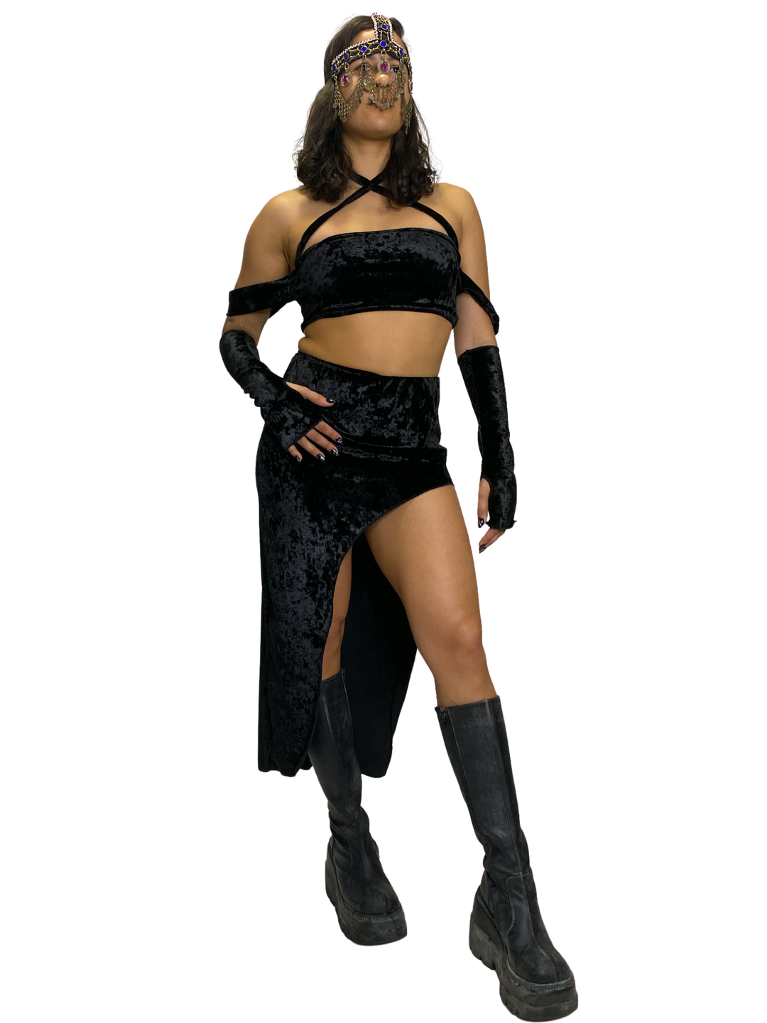 Diosa Black Crushed Velvet Asymmetric Skirt skirt oraingopartners   