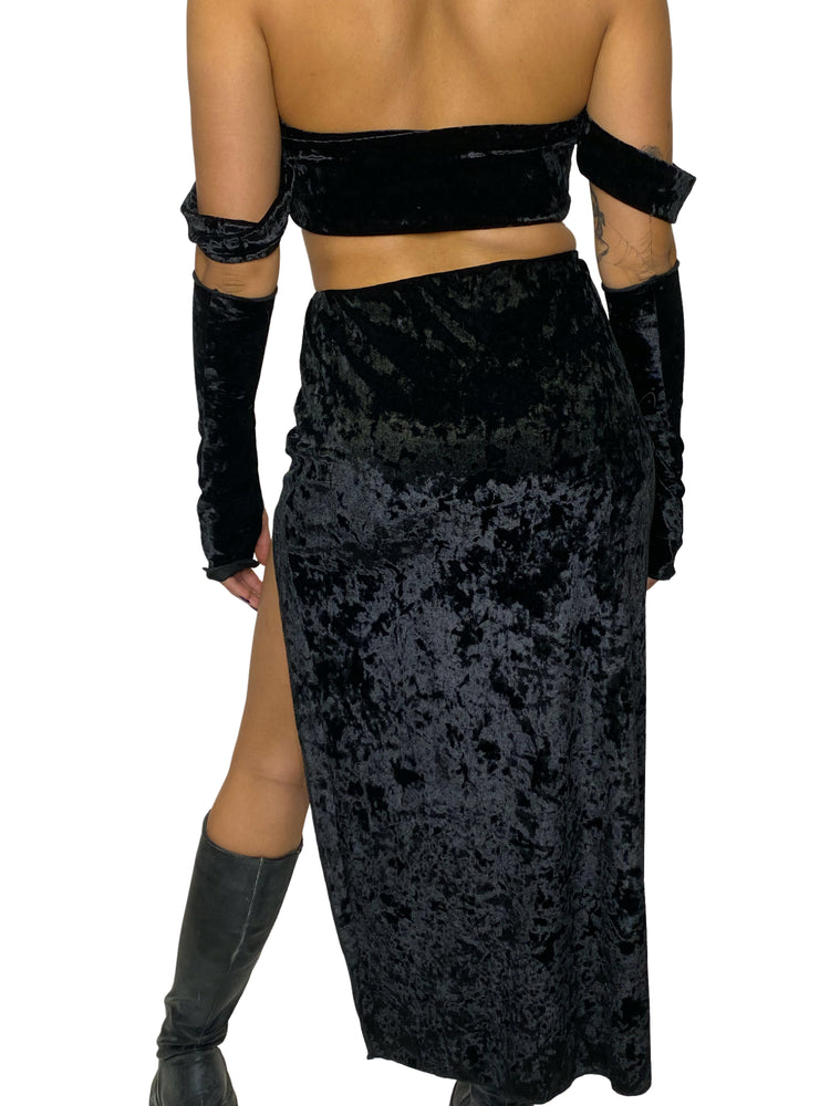Diosa Black Crushed Velvet Asymmetric Skirt skirt oraingopartners   