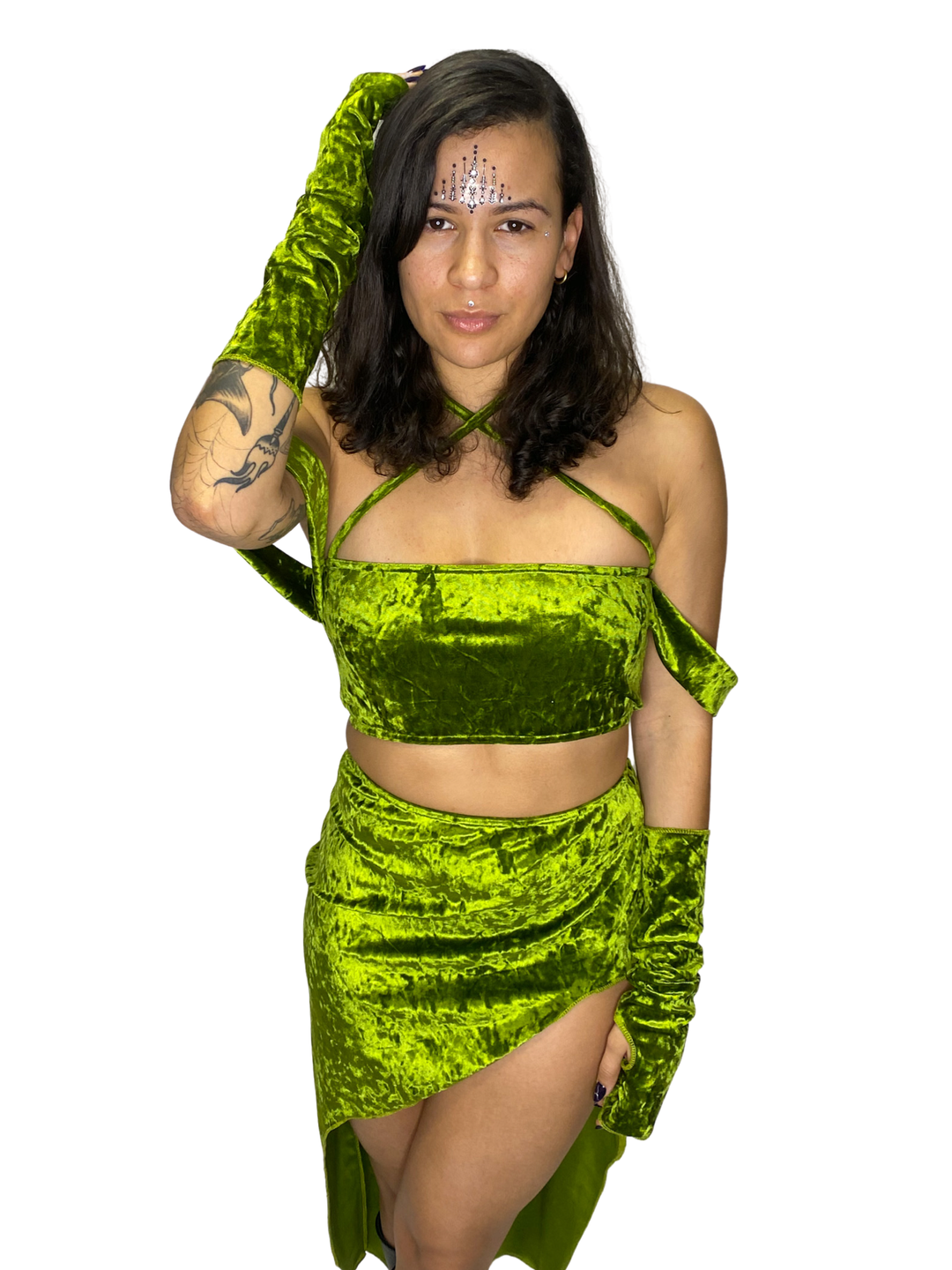 Diosa Olive Green Crushed Velvet Asymmetric Skirt skirt oraingopartners   