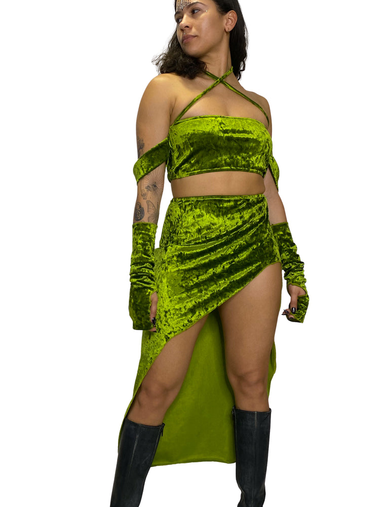 Diosa Olive Green Crushed Velvet Asymmetric Skirt skirt oraingopartners   