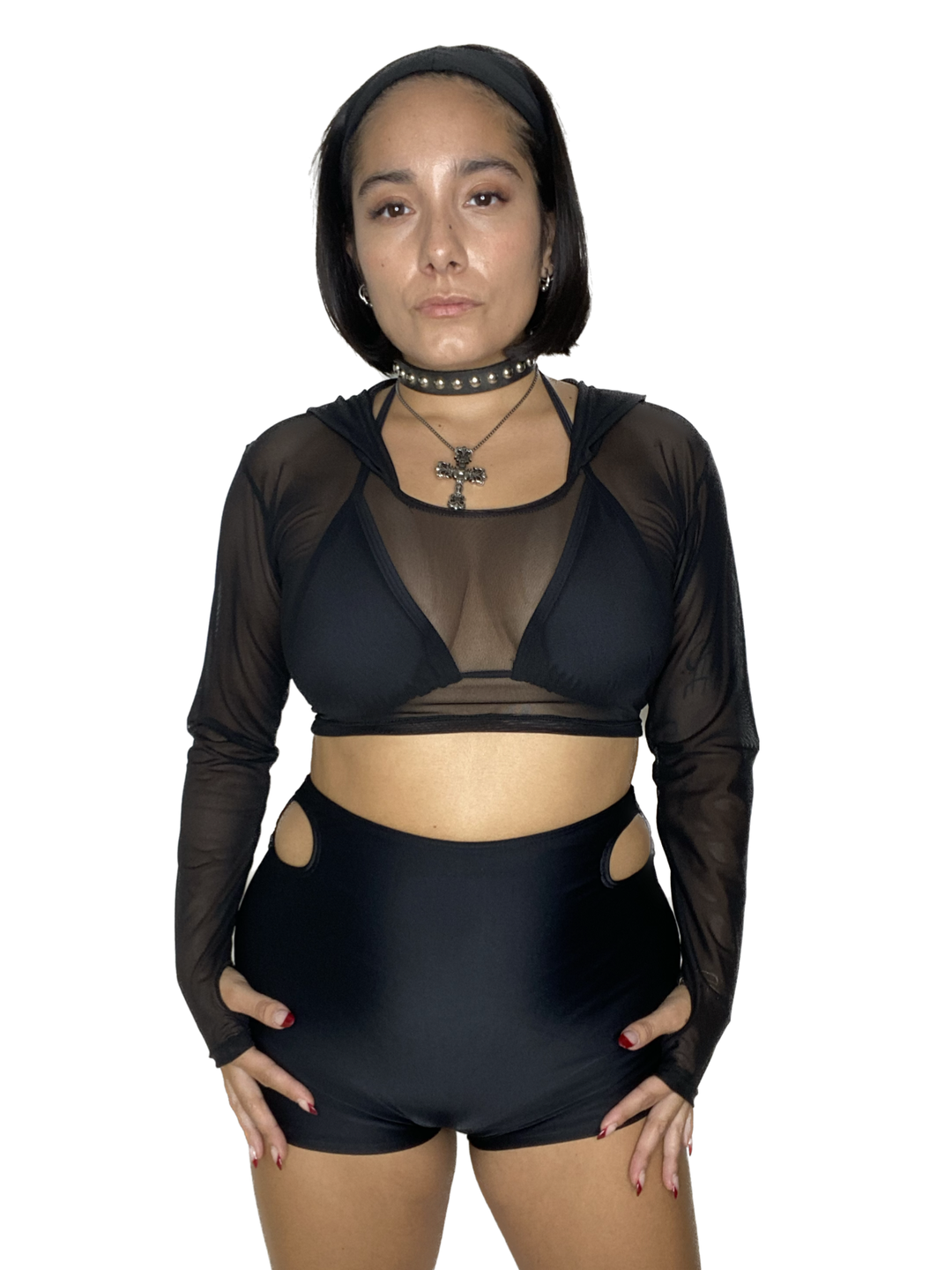 Black Mesh Hooded Long Sleeve Crop Top long sleeve crop top oraingopartners   