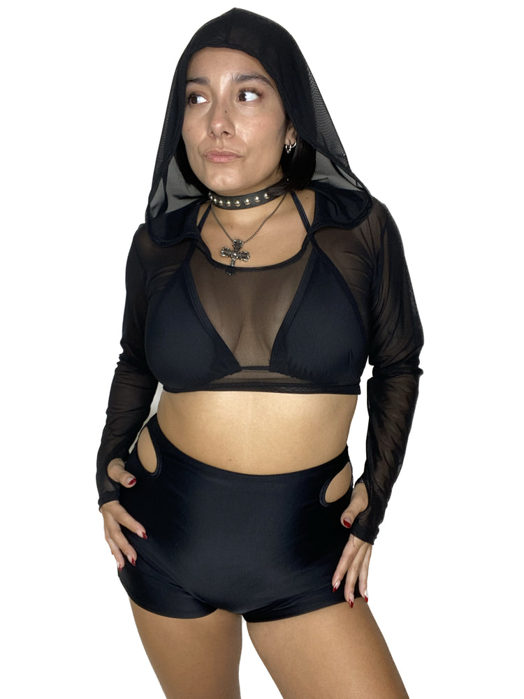 Black Mesh Hooded Long Sleeve Crop Top long sleeve crop top oraingopartners   