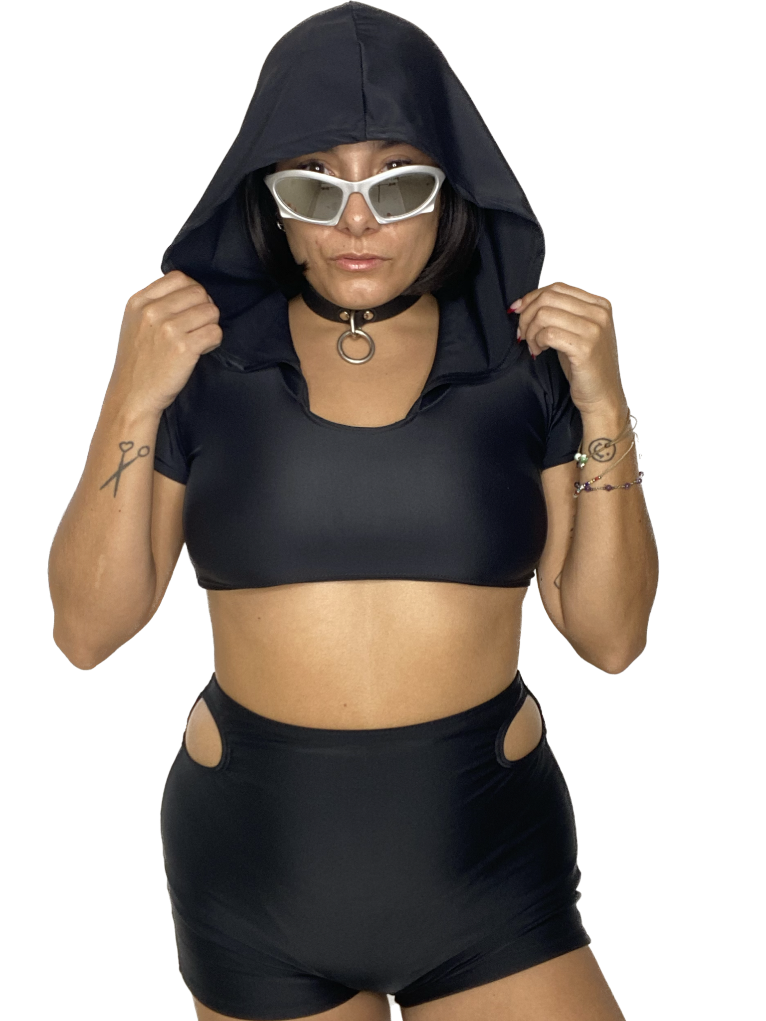 Black Short Sleeve Hooded Crop Top CROP TOP oraingopartners   