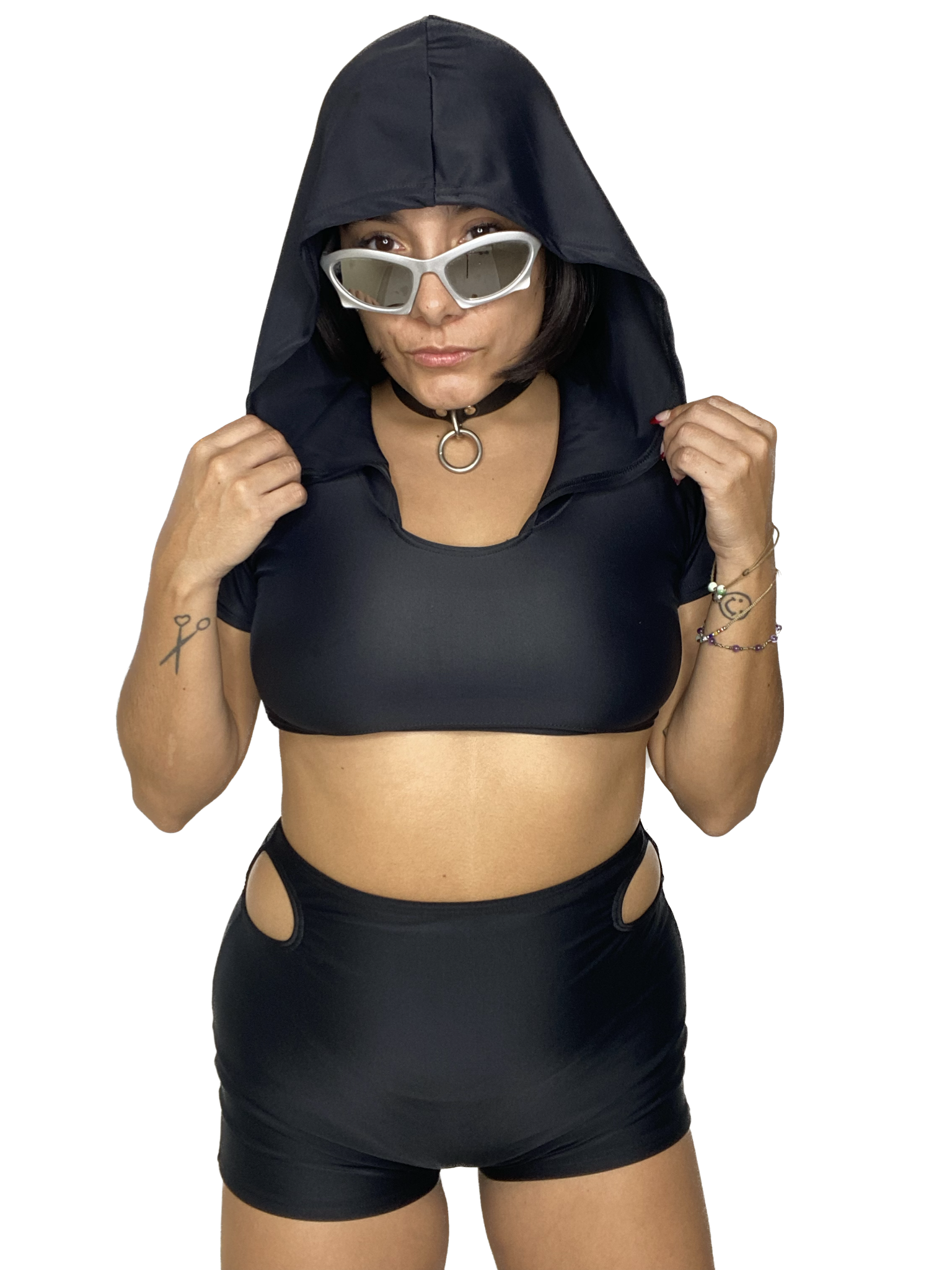 Black Short Sleeve Hooded Crop Top CROP TOP oraingopartners   