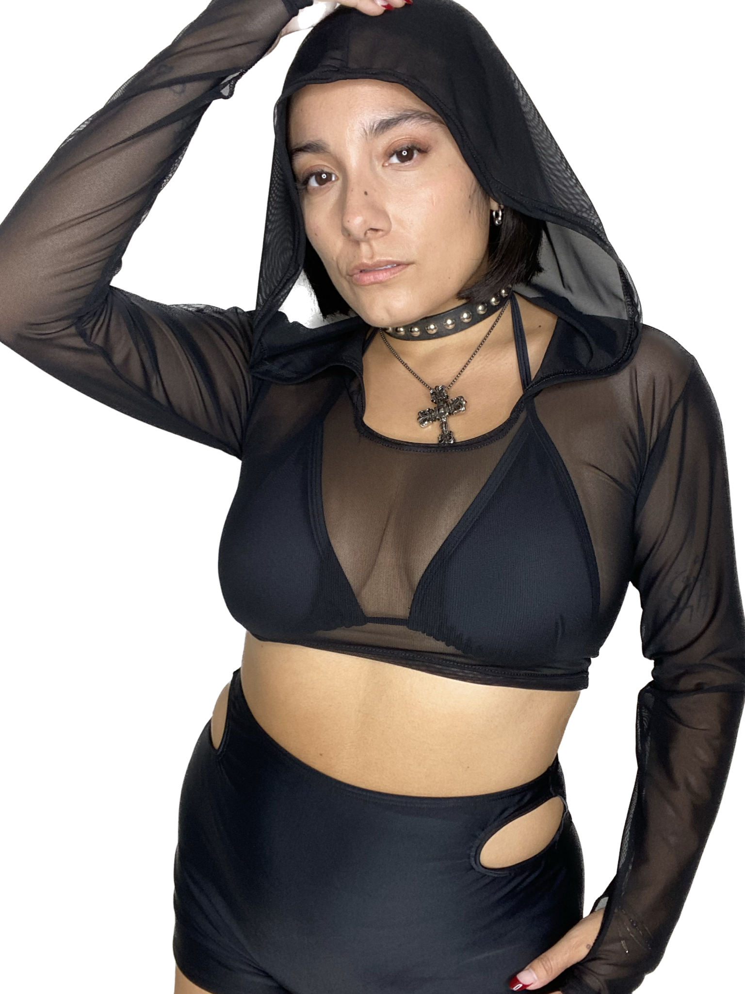 Black Mesh Hooded Long Sleeve Crop Top long sleeve crop top oraingopartners   