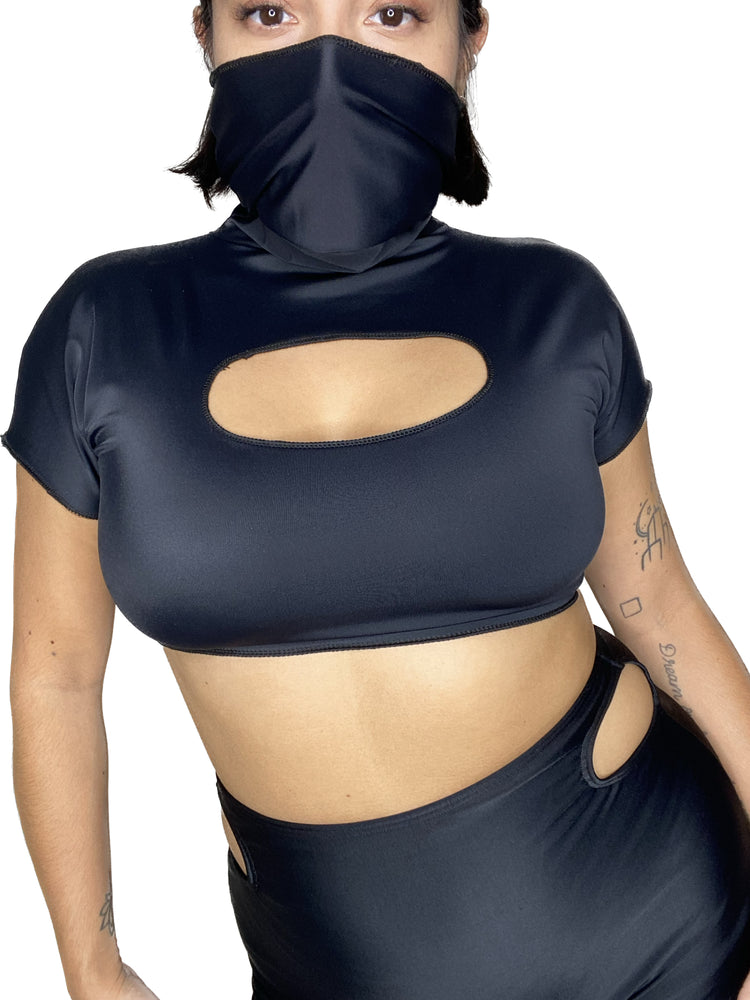 Black Short Sleeve Ninja Cut Out Crop Top CROP TOP oraingopartners   