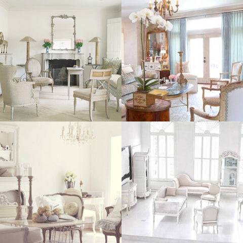 large mirror and big  windows in beautiful rooms with delicate french interiors