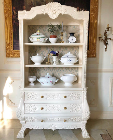 Tureens in a stunning cottage almirah. Chic living, sophisticated decor. India