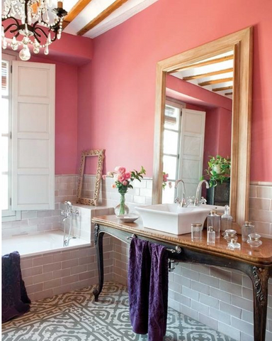 Chic bathroom. Pink warm room with oversized mirror. Big mirror frame. Luxury ideas inspirations home decor