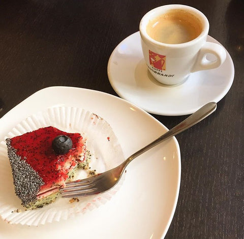 Russian berry pastry with coffee, cafe rembrandt