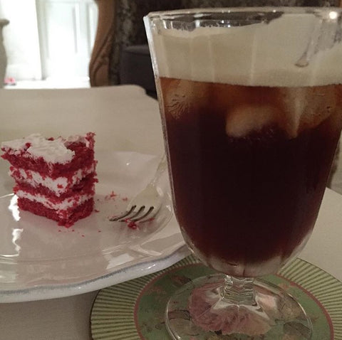 iced americano with red velvet cake