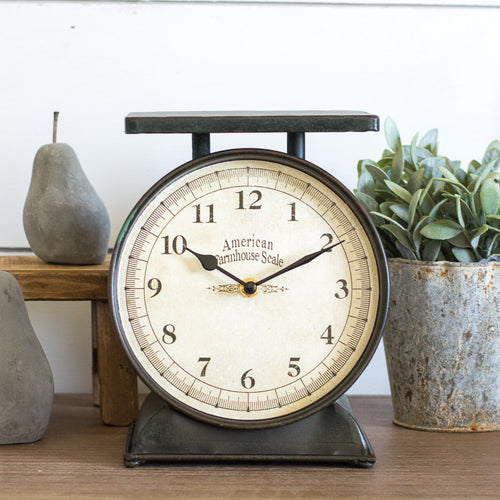 This cute Farmhouse Scale Clock is perfect for decorating small spaces! To bring a bit of vintage charm add this on your counter or open shelving! 