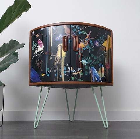 Decoupage furniture with green hairpin legs