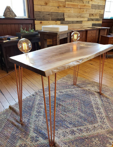 Walnut table with copper hairpin legs