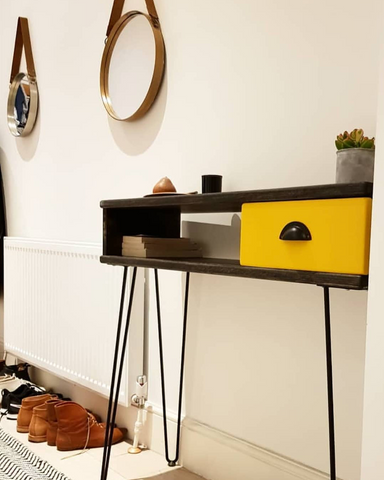 Custom console table with black hairpin legs