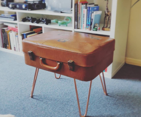 DIY suitcase coffee table with hairpin legs