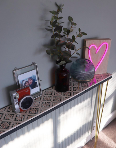 Console table with brass hairpin legs