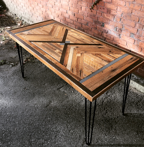 Reclaimed wood table with hairpin legs