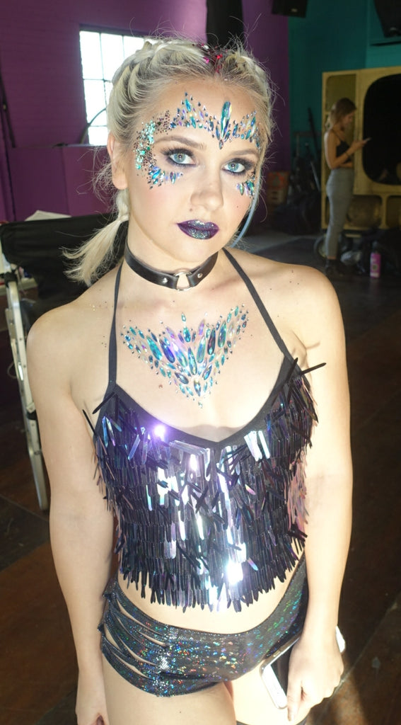 Purple Sequin Halter Top and Festival Jewels and Faux Ring Choker
