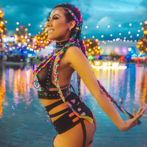 Mobster Kitten in colorful Braids and strappy black rave outfit